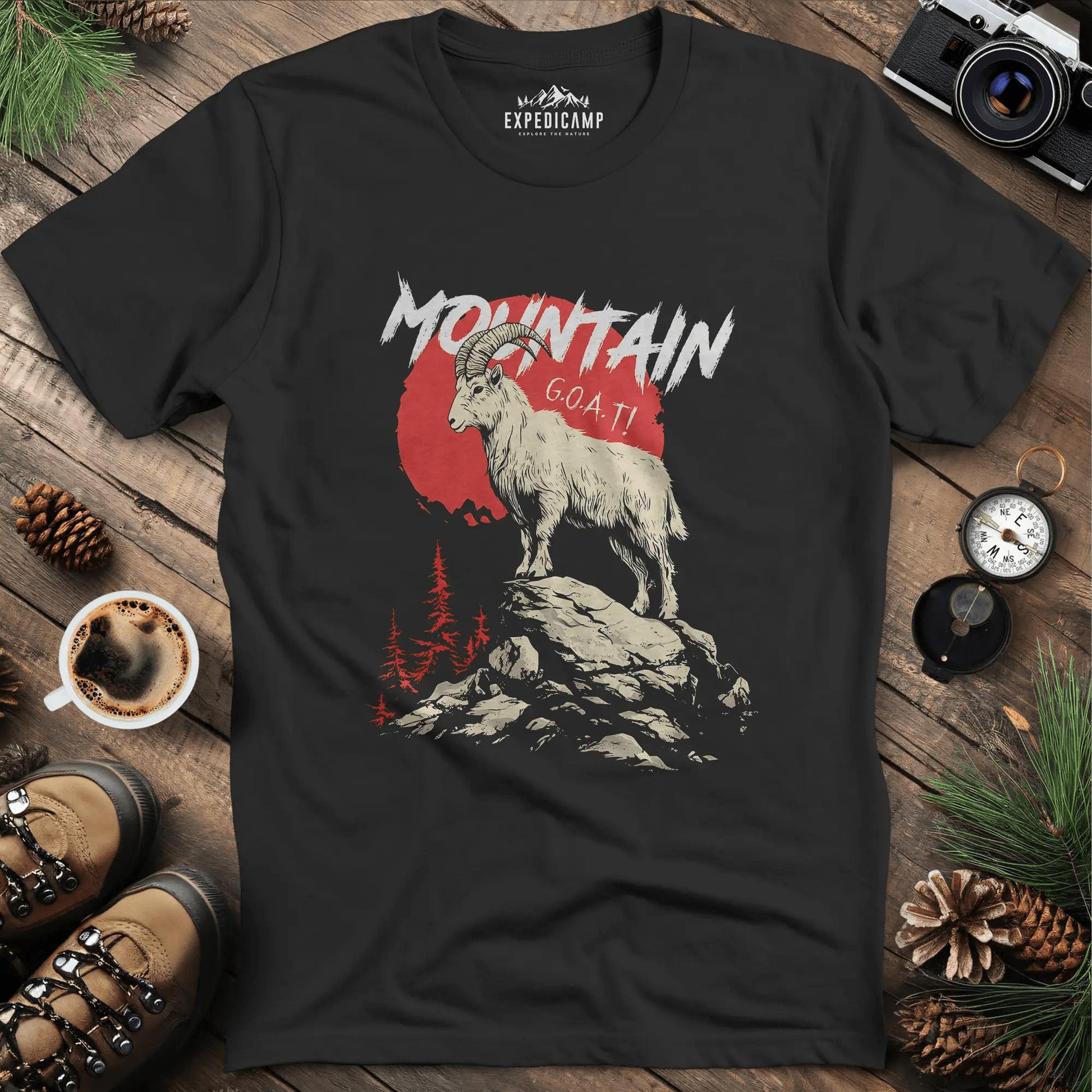 Mountain G.O.A.T. T-Shirt – Black – Outdoor apparel for travel, hiking, camping, and nature lovers – ExpediCamp