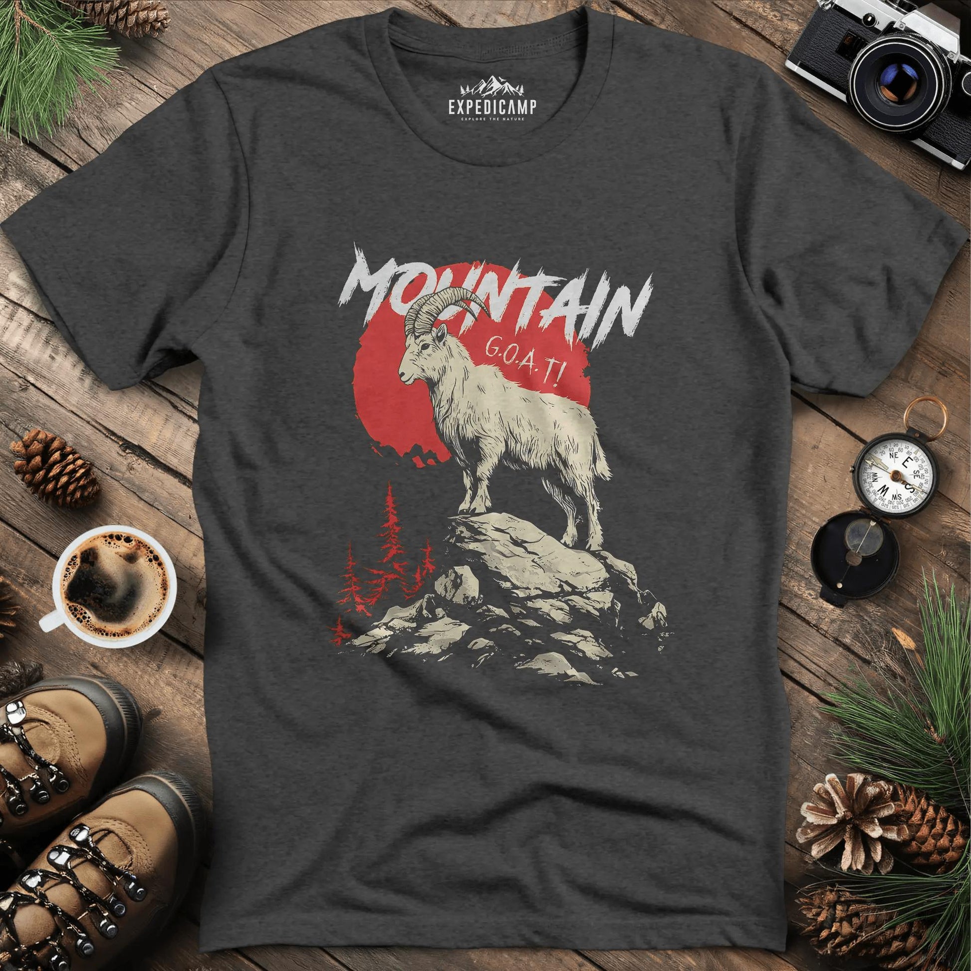 Mountain G.O.A.T. T-Shirt – Dark Heather – Outdoor apparel for travel, hiking, camping, and nature lovers – ExpediCamp
