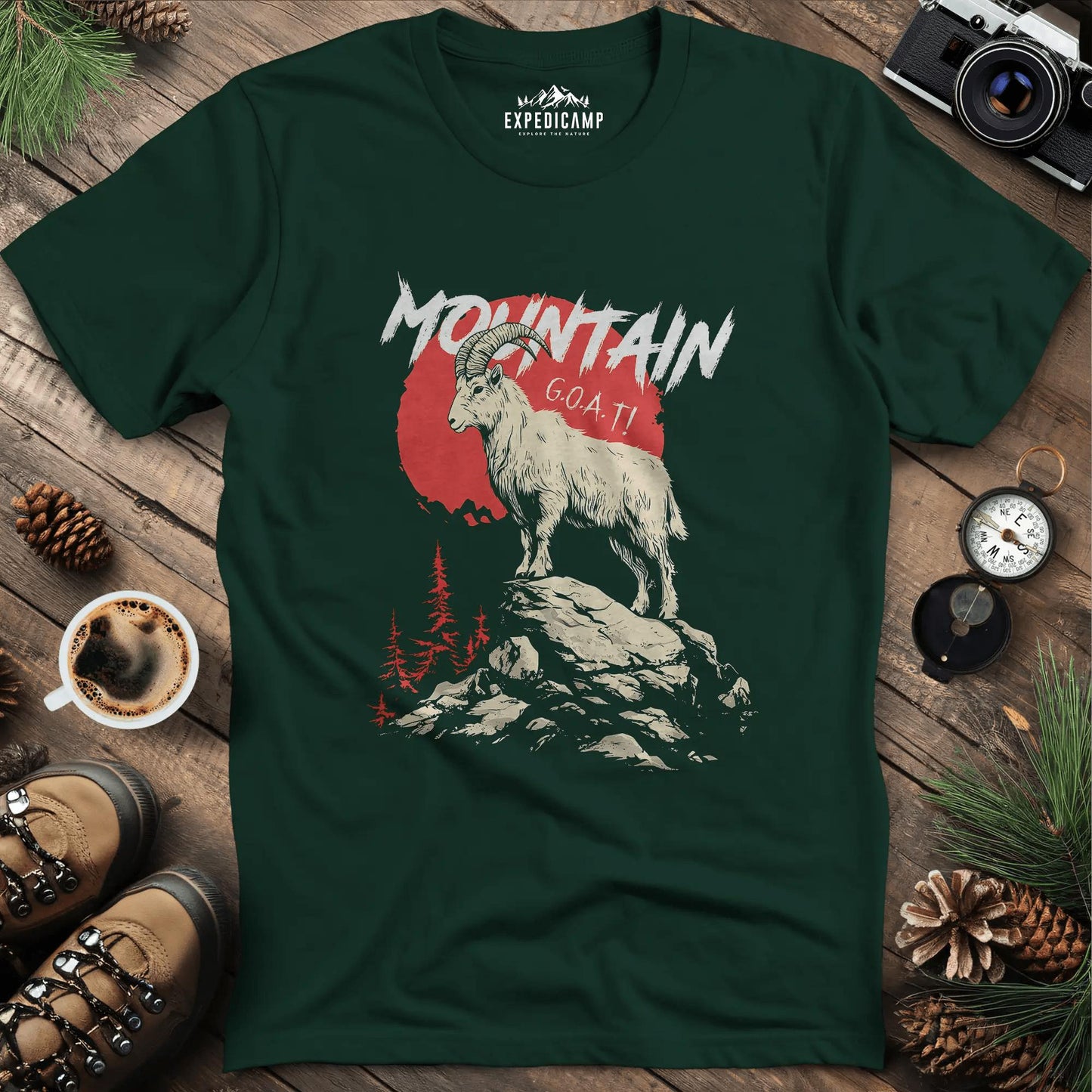 Mountain G.O.A.T. T-Shirt – Forest Green – Outdoor apparel for travel, hiking, camping, and nature lovers – ExpediCamp