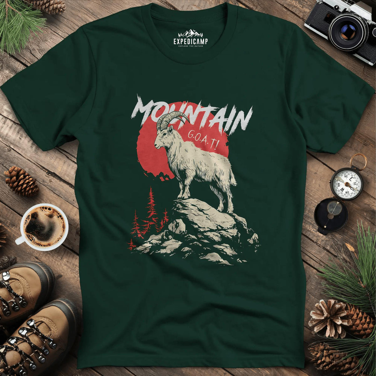 Mountain G.O.A.T. T-Shirt – Forest Green – Outdoor apparel for travel, hiking, camping, and nature lovers – ExpediCamp