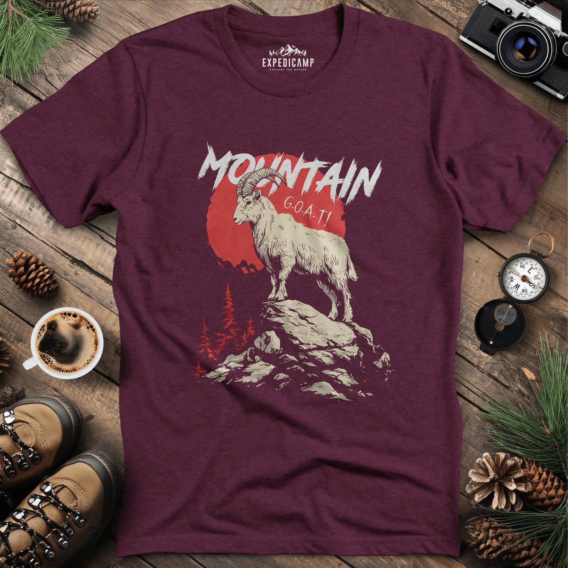 Mountain G.O.A.T. T-Shirt – Heather Maroon – Outdoor apparel for travel, hiking, camping, and nature lovers – ExpediCamp
