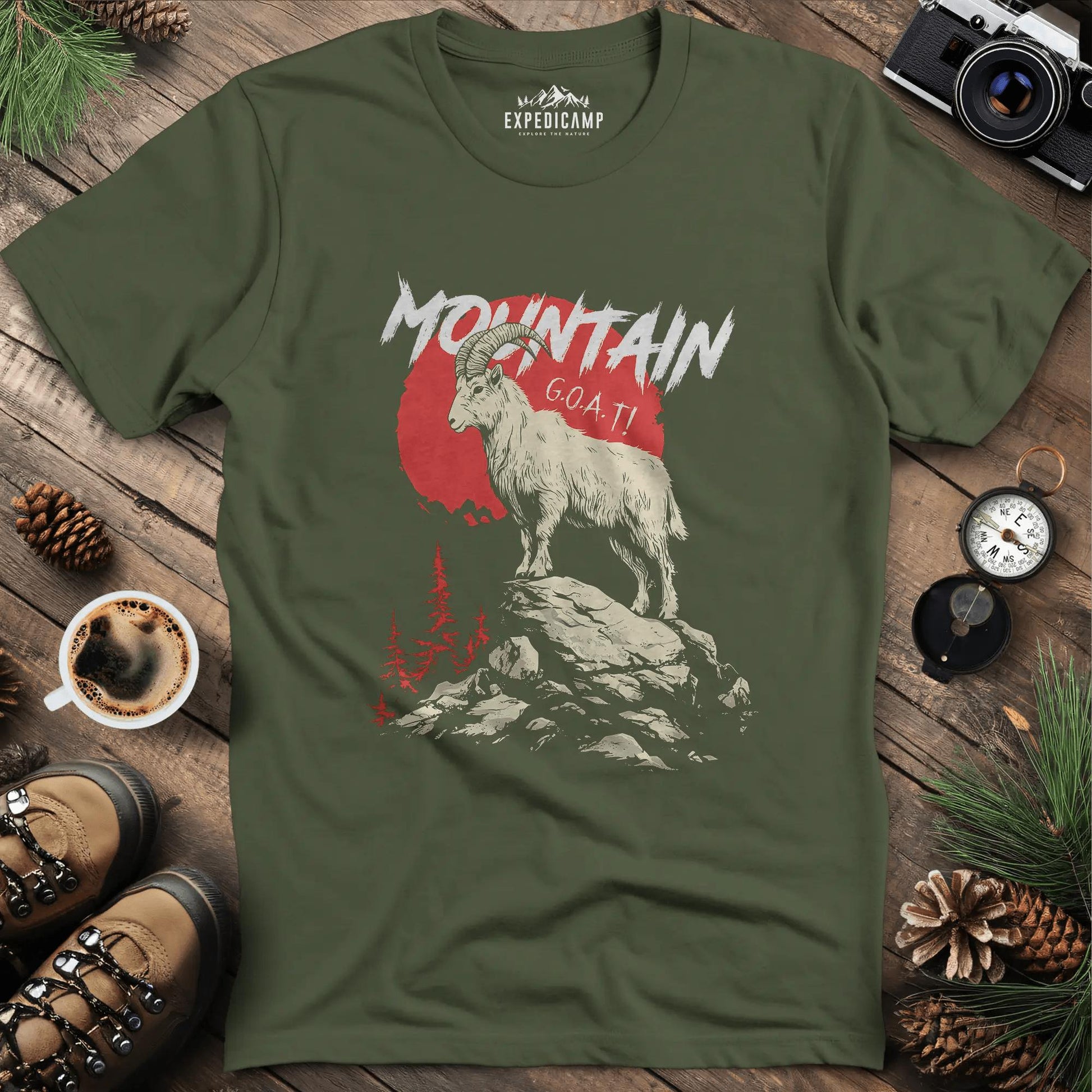 Mountain G.O.A.T. T-Shirt – Military Green – Outdoor apparel for travel, hiking, camping, and nature lovers – ExpediCamp
