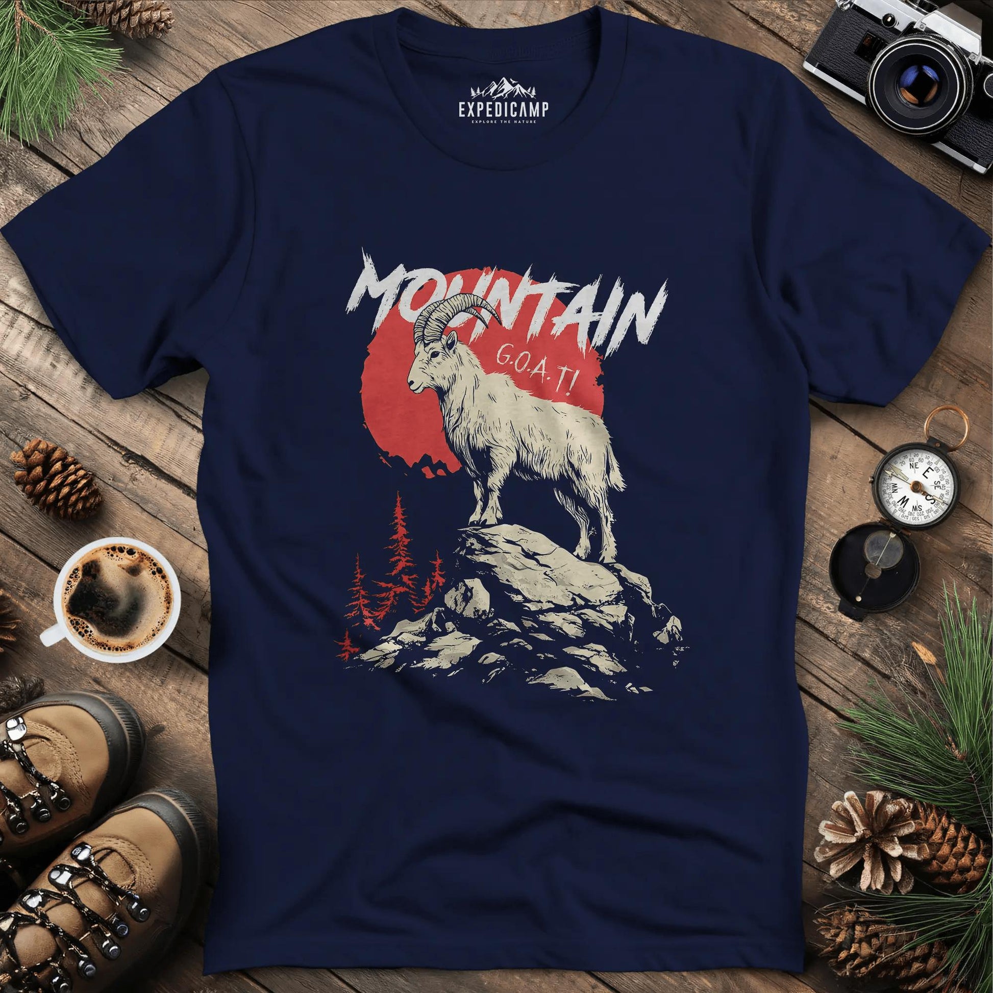 Mountain G.O.A.T. T-Shirt – Navy – Outdoor apparel for travel, hiking, camping, and nature lovers – ExpediCamp