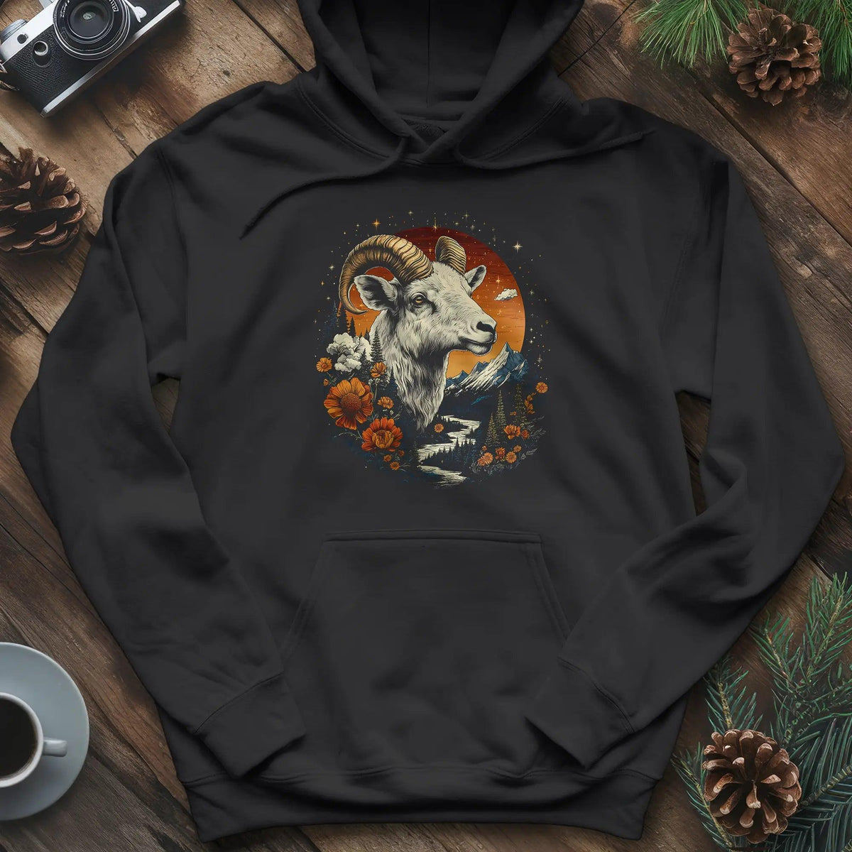 Mountain Goat Majesty Hoodie – Black – Outdoor apparel for travel, hiking, camping, and nature lovers – ExpediCamp