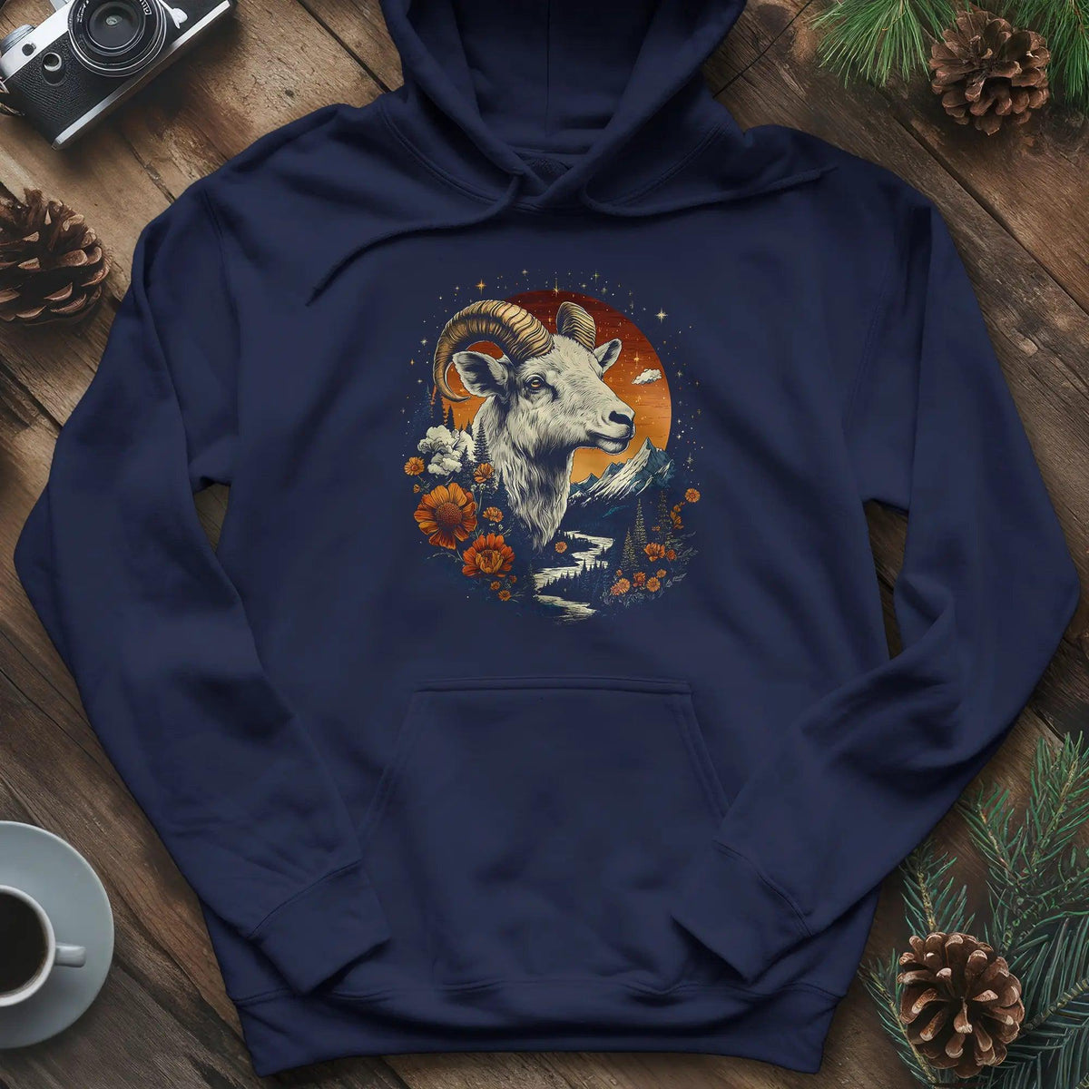 Mountain Goat Majesty Hoodie – Navy – Outdoor apparel for travel, hiking, camping, and nature lovers – ExpediCamp