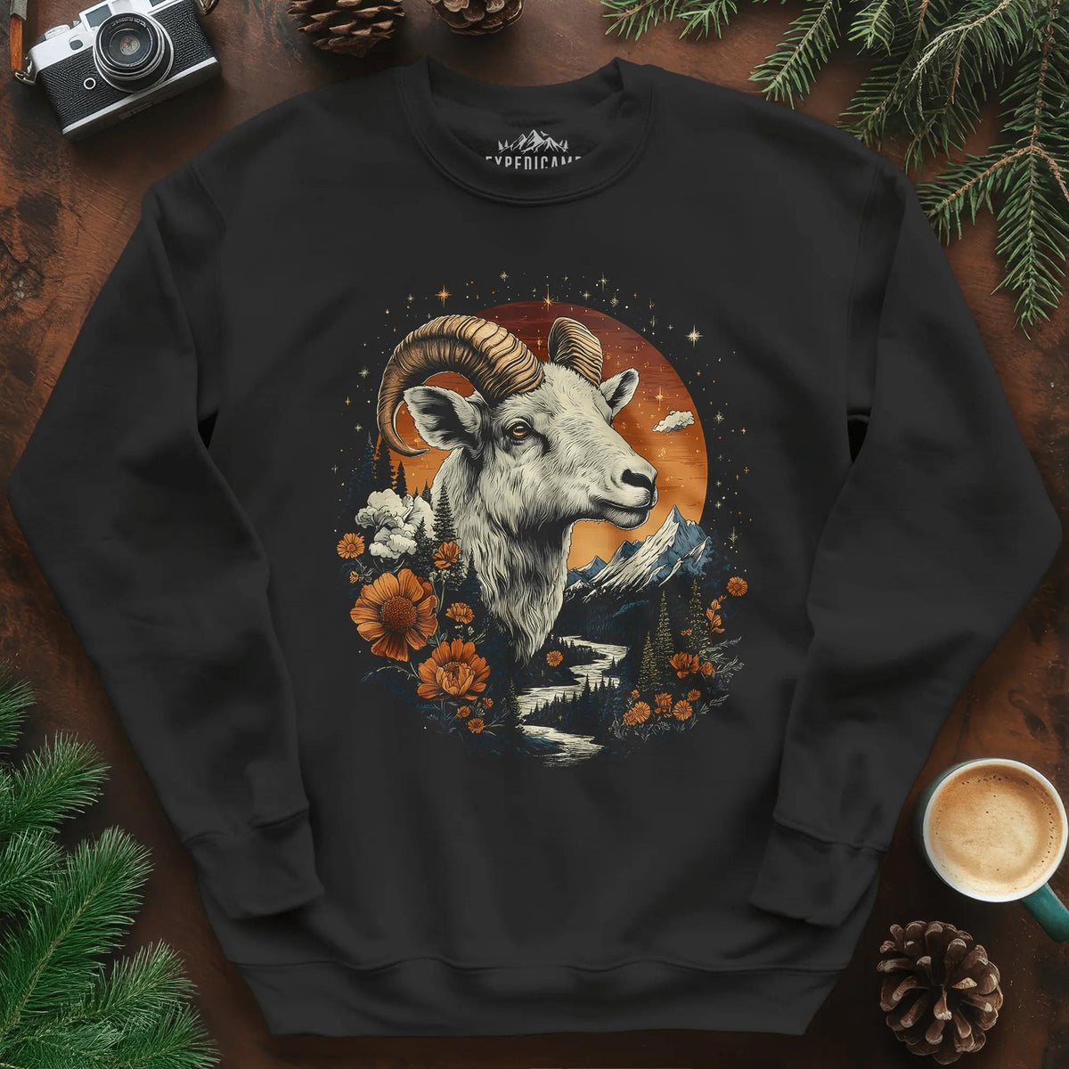 Mountain Goat Majesty Sweatshirt – Black – Outdoor apparel for travel, hiking, camping, and nature lovers – ExpediCamp