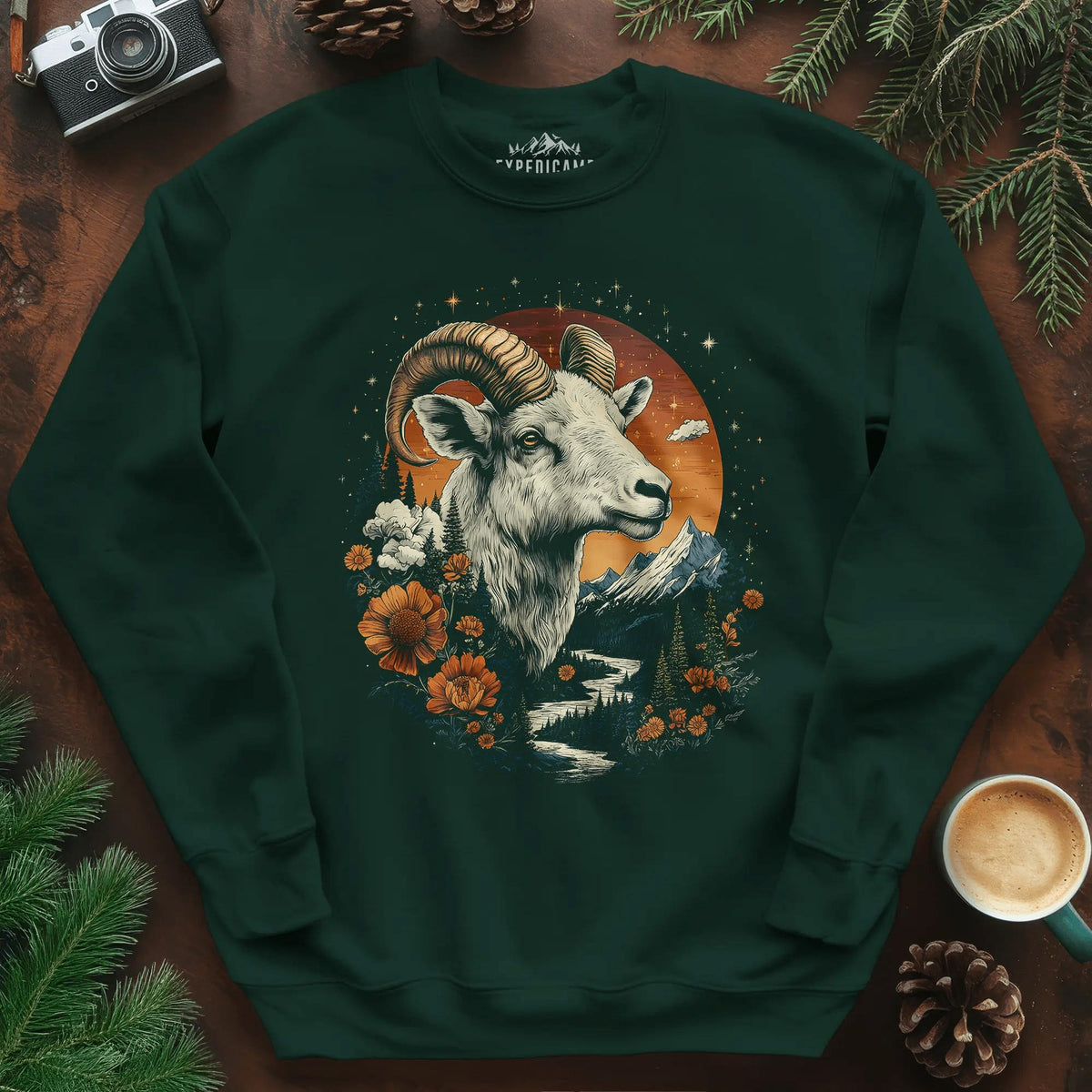Mountain Goat Majesty Sweatshirt – Forest Green – Outdoor apparel for travel, hiking, camping, and nature lovers – ExpediCamp