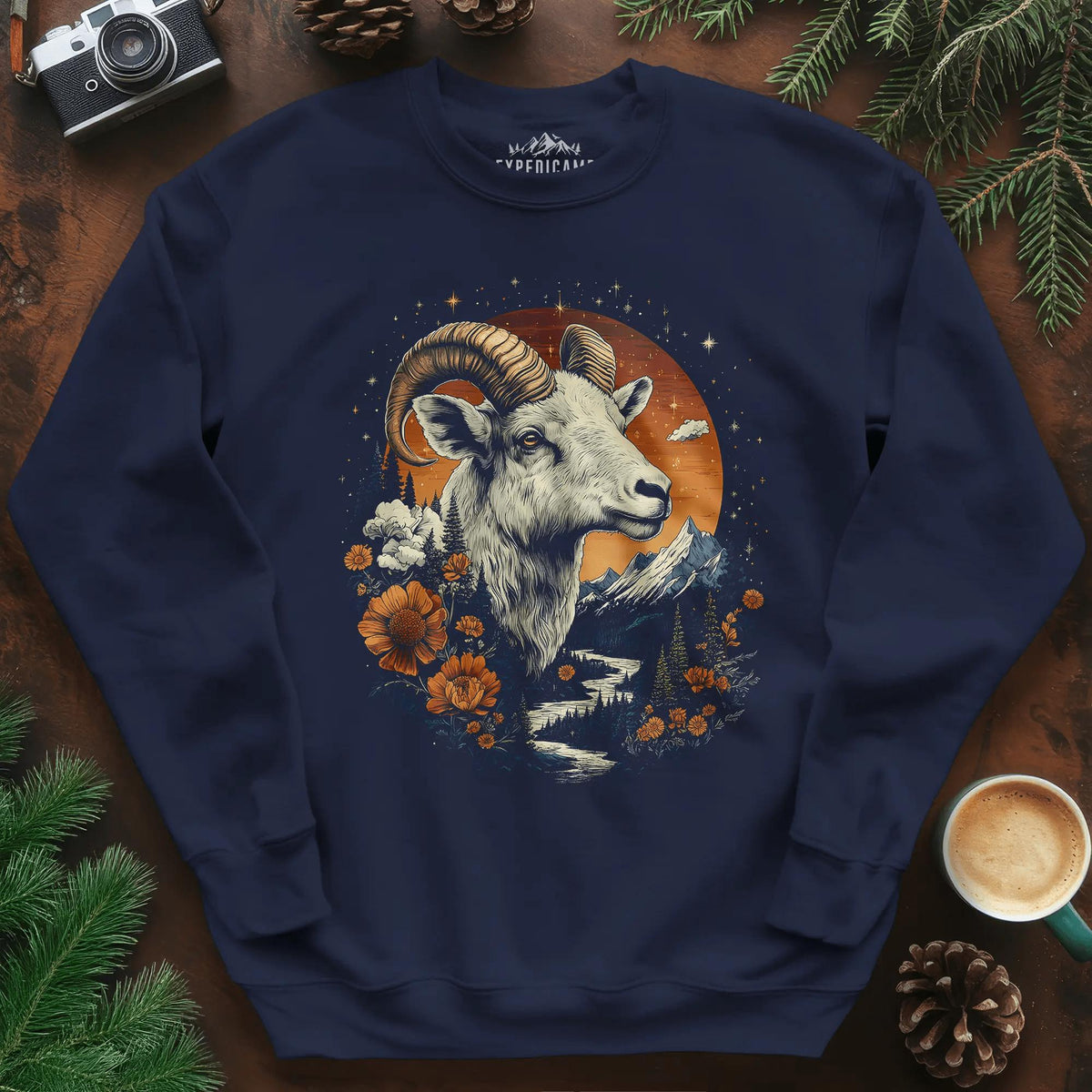 Mountain Goat Majesty Sweatshirt – Navy – Outdoor apparel for travel, hiking, camping, and nature lovers – ExpediCamp