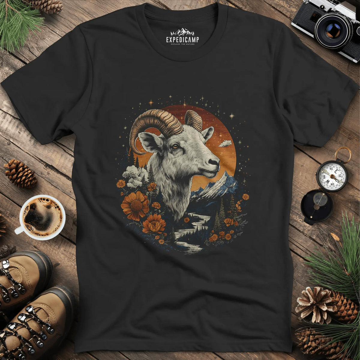 Mountain Goat Majesty T-Shirt – Black – Outdoor apparel for travel, hiking, camping, and nature lovers – ExpediCamp