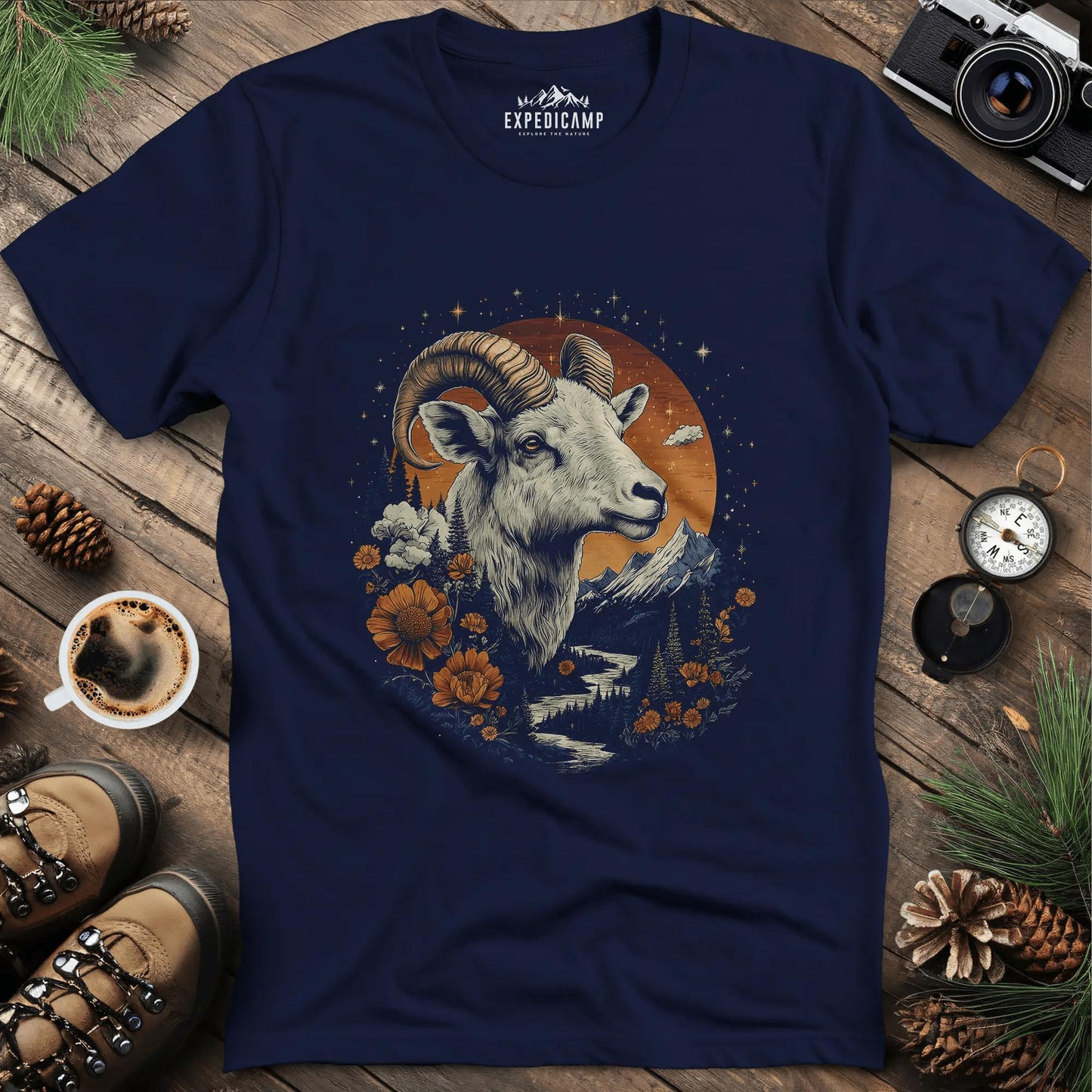 Mountain Goat Majesty T-Shirt – Navy – Outdoor apparel for travel, hiking, camping, and nature lovers – ExpediCamp