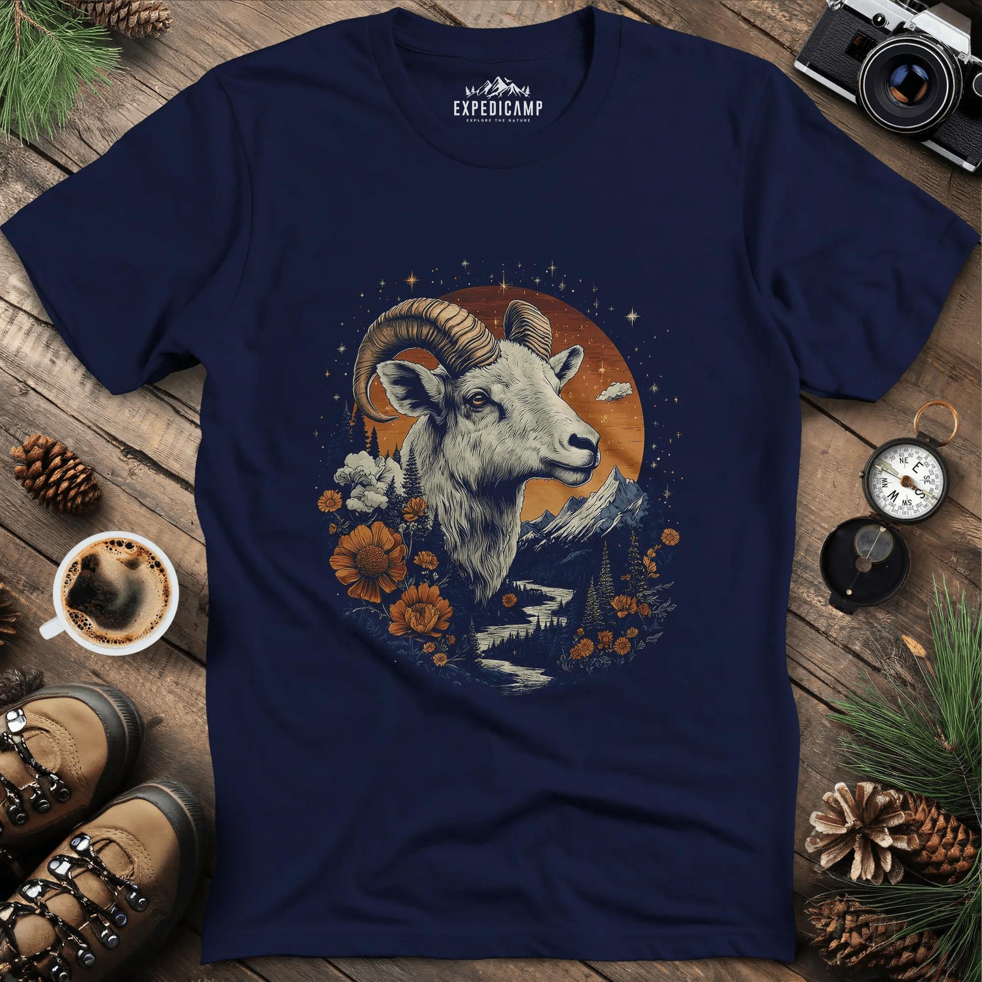 Mountain Goat Majesty T-Shirt – Navy – Outdoor apparel for travel, hiking, camping, and nature lovers – ExpediCamp
