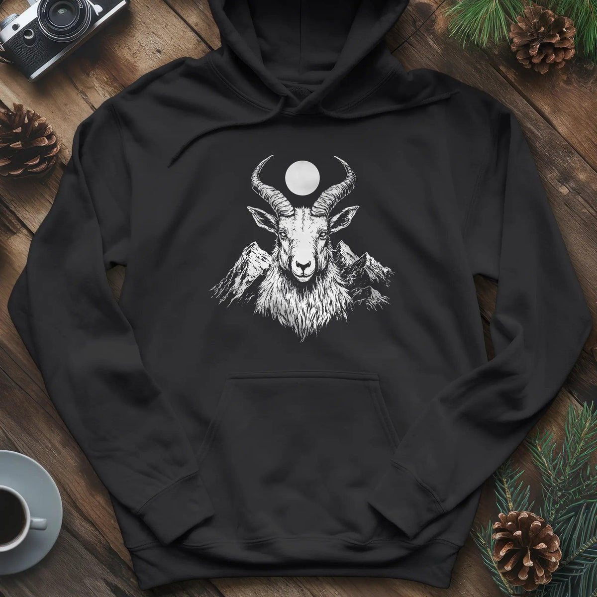 Mountain Goat Moon Hoodie – Black – Outdoor apparel for travel, hiking, camping, and nature lovers – ExpediCamp
