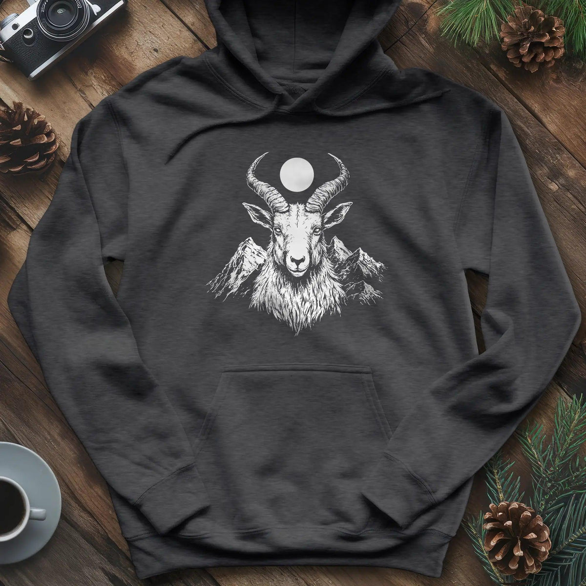 Mountain Goat Moon Hoodie – Dark Heather – Outdoor apparel for travel, hiking, camping, and nature lovers – ExpediCamp