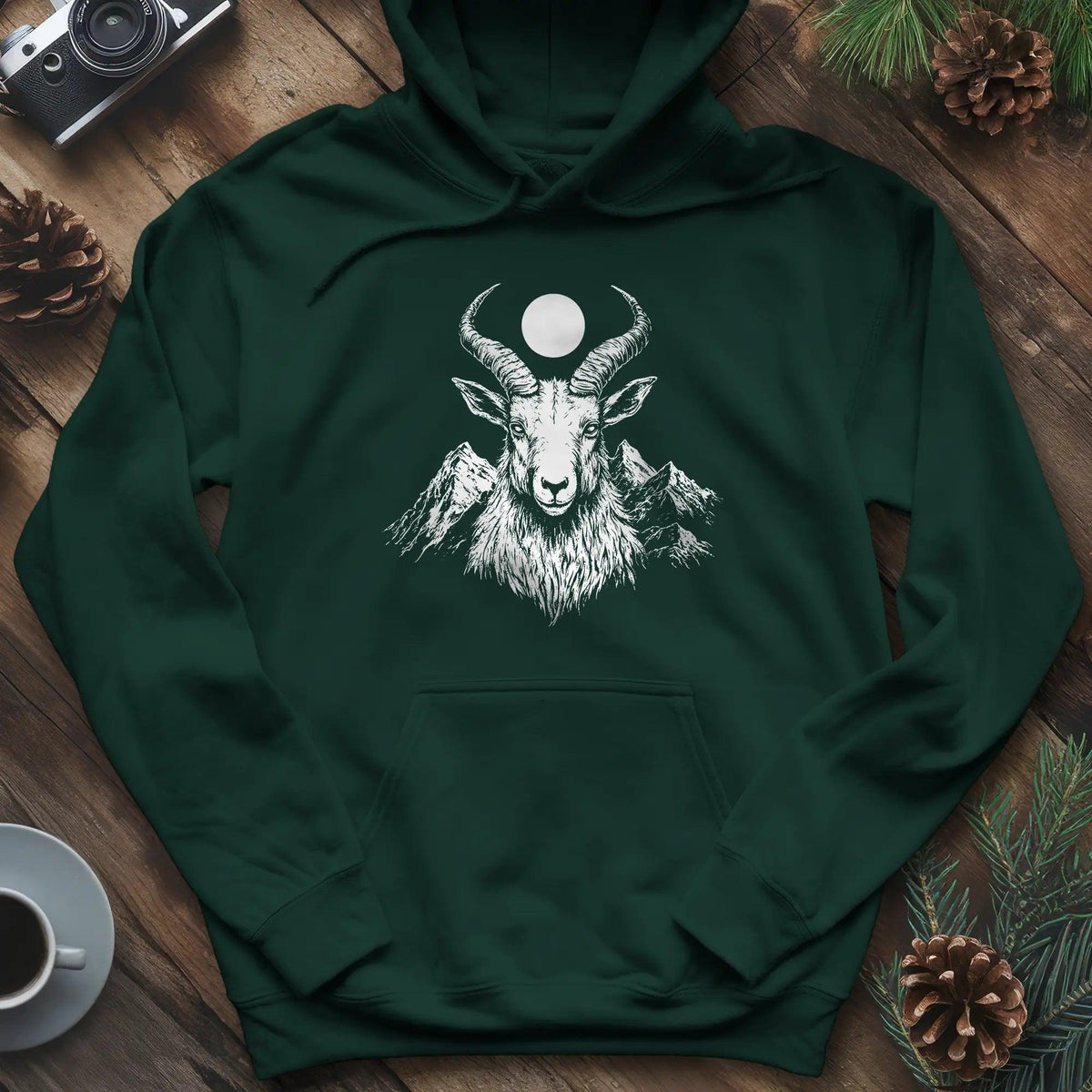 Mountain Goat Moon Hoodie – Forest Green – Outdoor apparel for travel, hiking, camping, and nature lovers – ExpediCamp