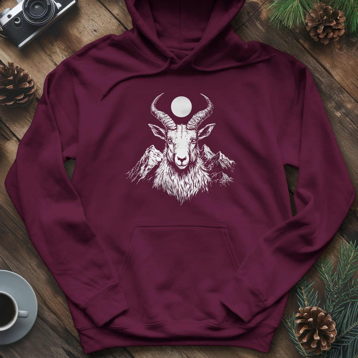 Mountain Goat Moon Hoodie – Maroon – Outdoor apparel for travel, hiking, camping, and nature lovers – ExpediCamp