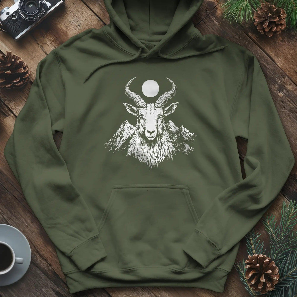 Mountain Goat Moon Hoodie – Military Green – Outdoor apparel for travel, hiking, camping, and nature lovers – ExpediCamp