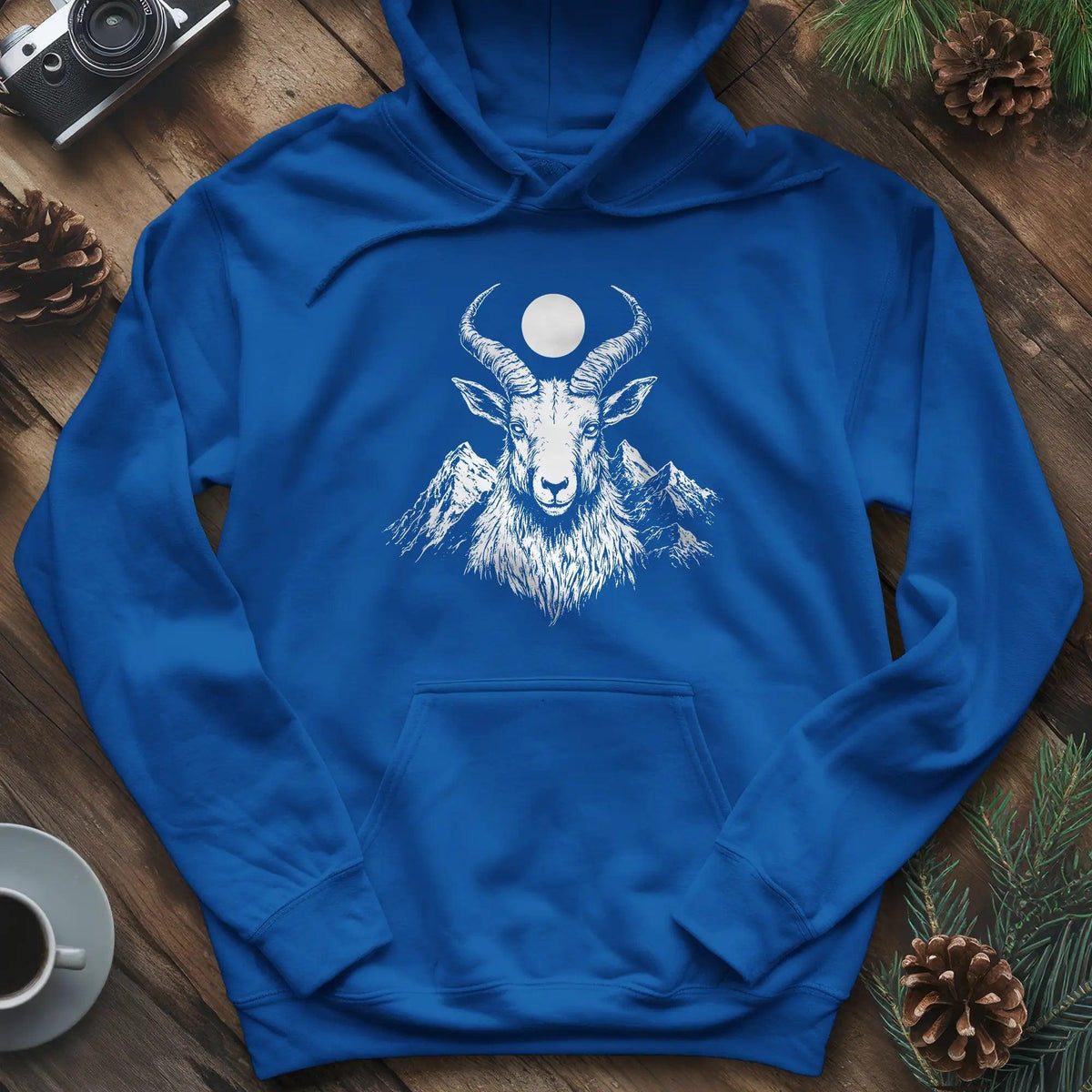 Mountain Goat Moon Hoodie – Royal – Outdoor apparel for travel, hiking, camping, and nature lovers – ExpediCamp