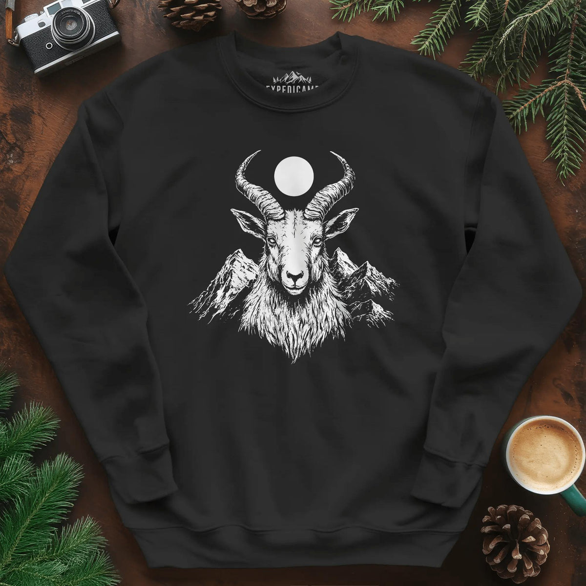 Mountain Goat Moon Sweatshirt – Black – Outdoor apparel for travel, hiking, camping, and nature lovers – ExpediCamp