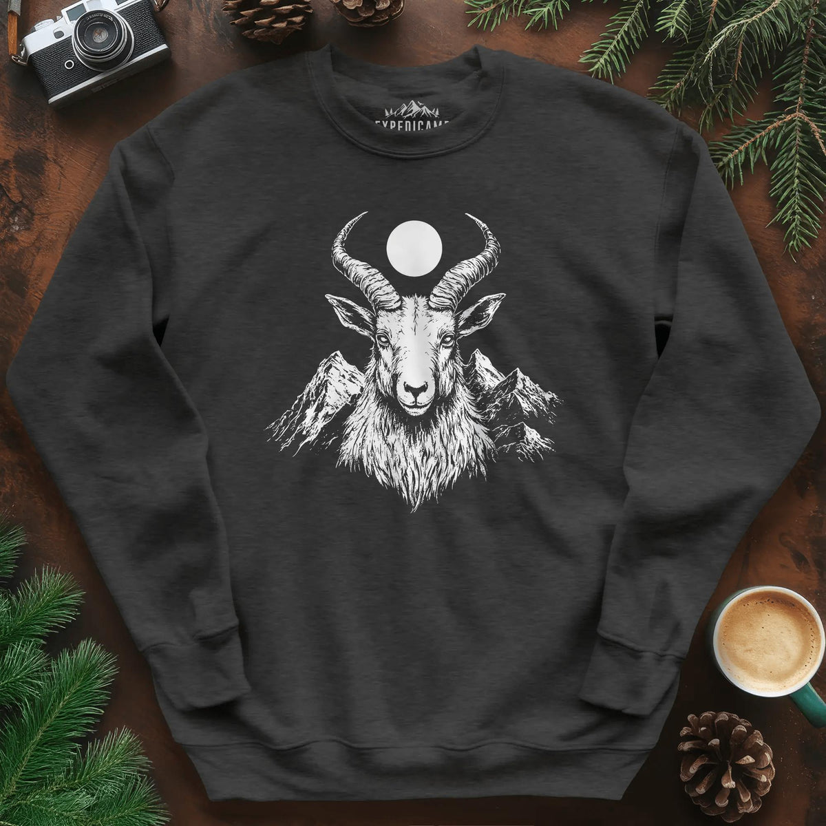 Mountain Goat Moon Sweatshirt – Dark Heather – Outdoor apparel for travel, hiking, camping, and nature lovers – ExpediCamp