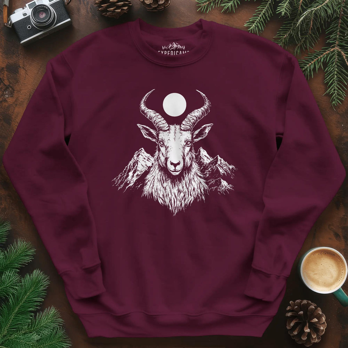 Mountain Goat Moon Sweatshirt – Maroon – Outdoor apparel for travel, hiking, camping, and nature lovers – ExpediCamp