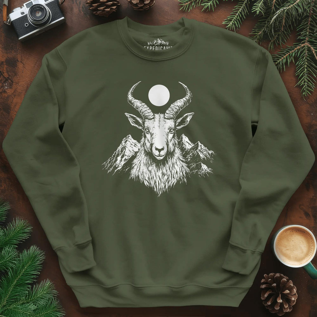 Mountain Goat Moon Sweatshirt – Military Green – Outdoor apparel for travel, hiking, camping, and nature lovers – ExpediCamp
