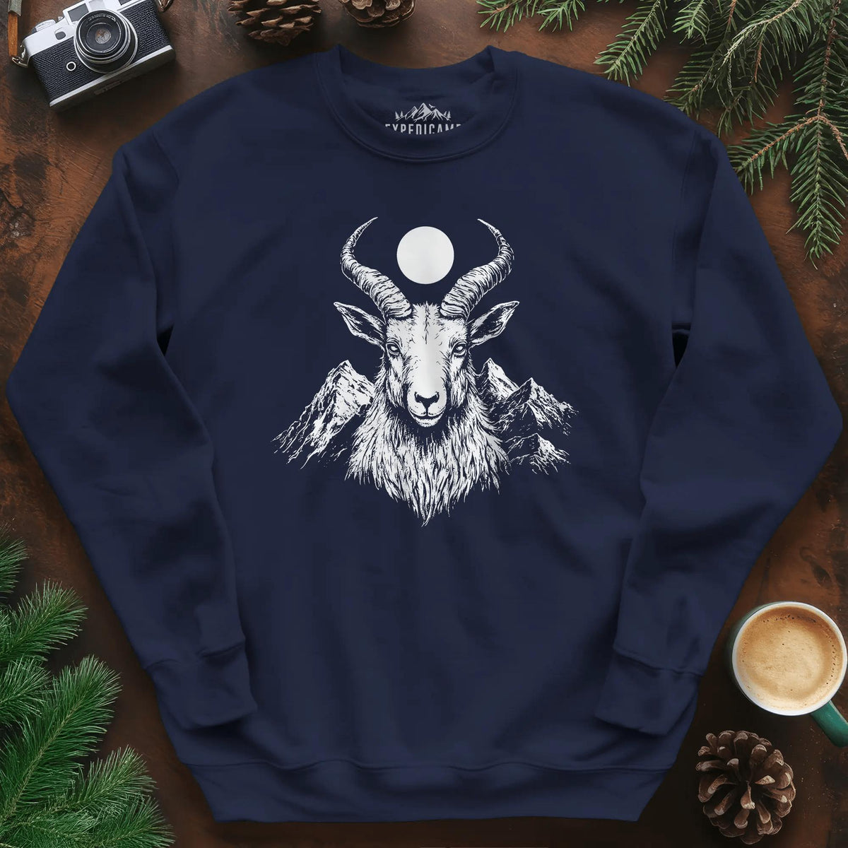 Mountain Goat Moon Sweatshirt – Navy – Outdoor apparel for travel, hiking, camping, and nature lovers – ExpediCamp