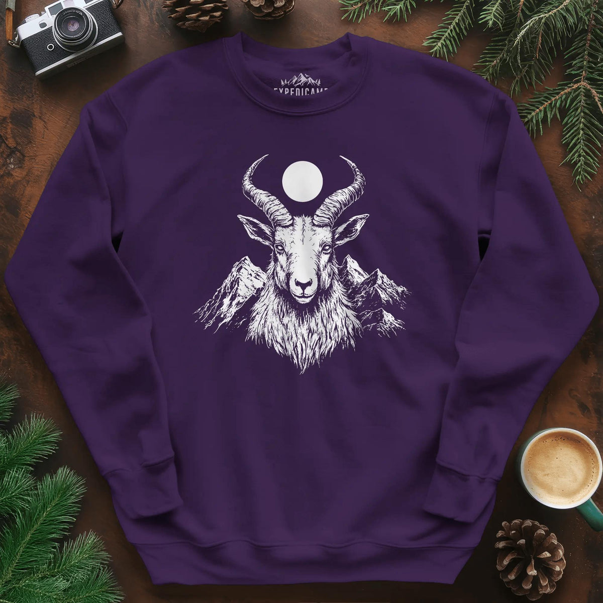 Mountain Goat Moon Sweatshirt – Purple – Outdoor apparel for travel, hiking, camping, and nature lovers – ExpediCamp