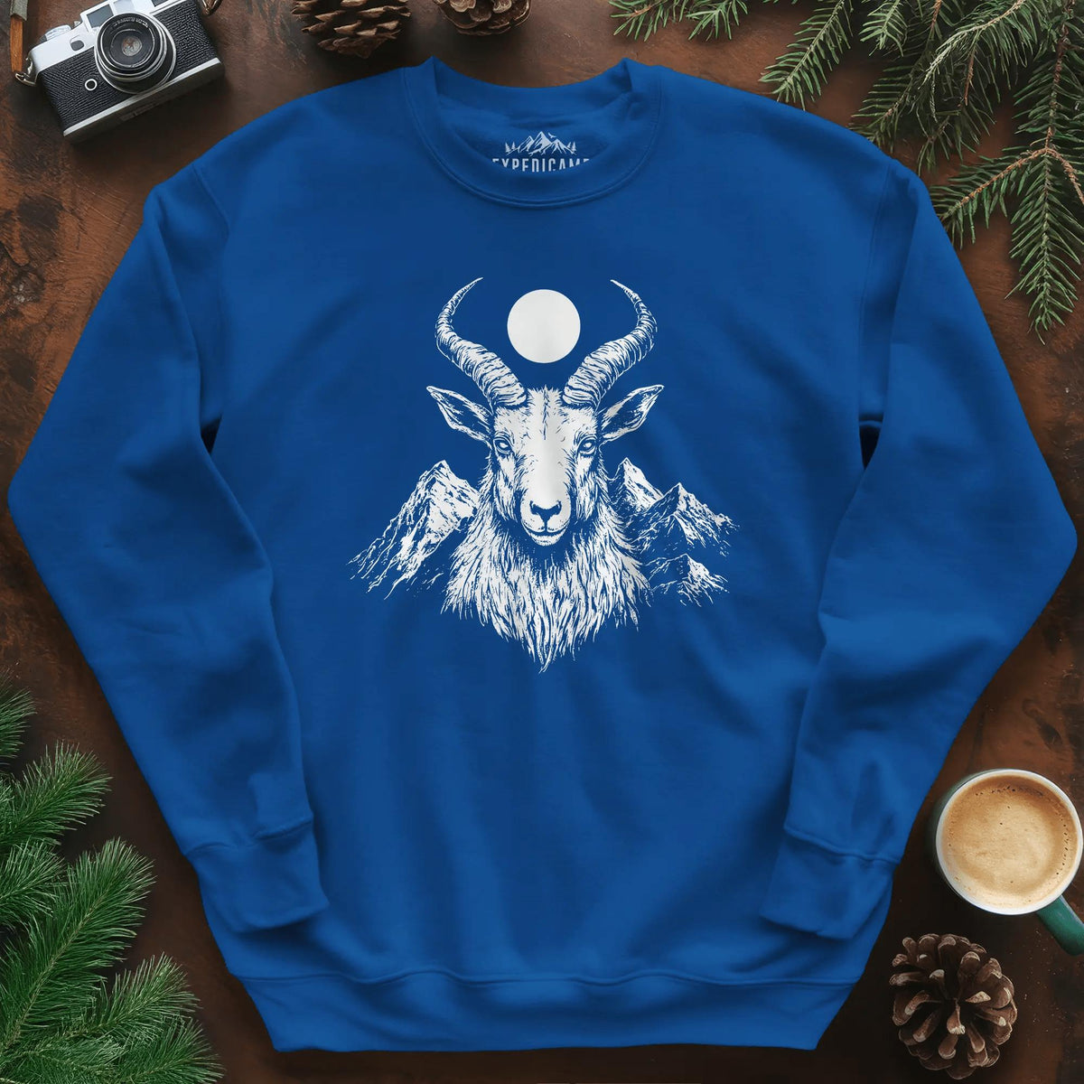 Mountain Goat Moon Sweatshirt – Royal – Outdoor apparel for travel, hiking, camping, and nature lovers – ExpediCamp