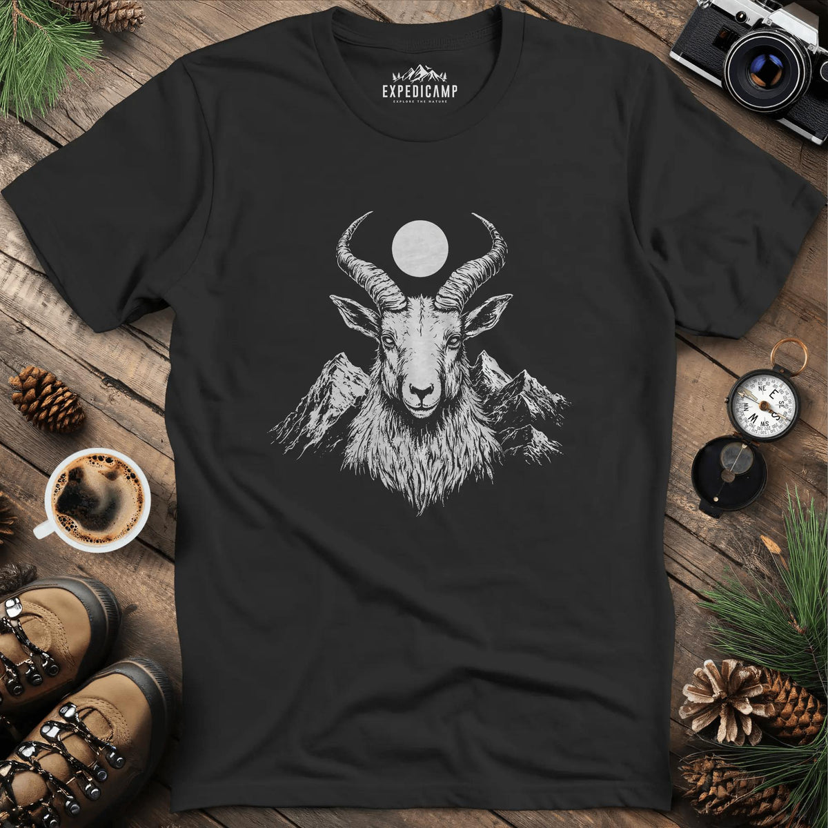 Mountain Goat Moon T-Shirt – Black – Outdoor apparel for travel, hiking, camping, and nature lovers – ExpediCamp