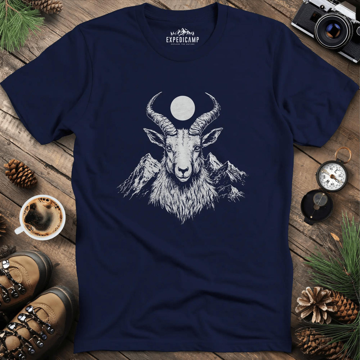 Mountain Goat Moon T-Shirt – Navy – Outdoor apparel for travel, hiking, camping, and nature lovers – ExpediCamp