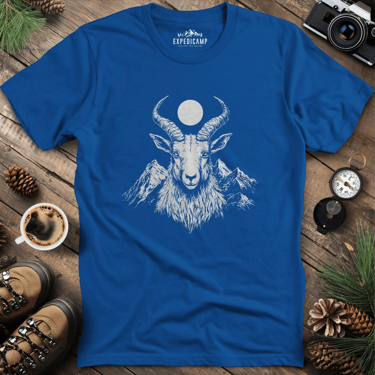 Mountain Goat Moon T-Shirt – Royal – Outdoor apparel for travel, hiking, camping, and nature lovers – ExpediCamp