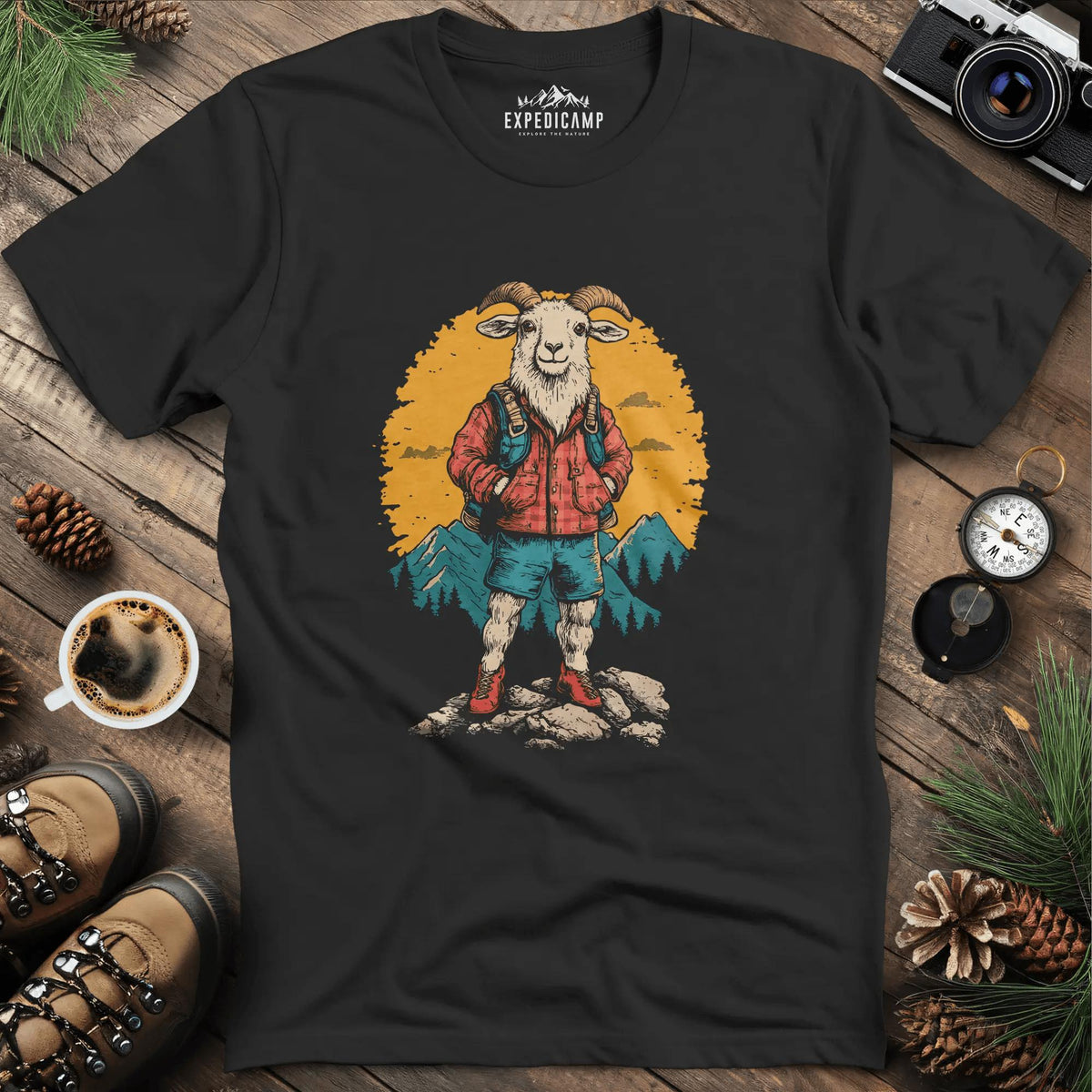 Mountain Goat T-Shirt – Outdoor Adventure Goat Design – Black – Outdoor apparel for travel, hiking, camping, and nature lovers – ExpediCamp