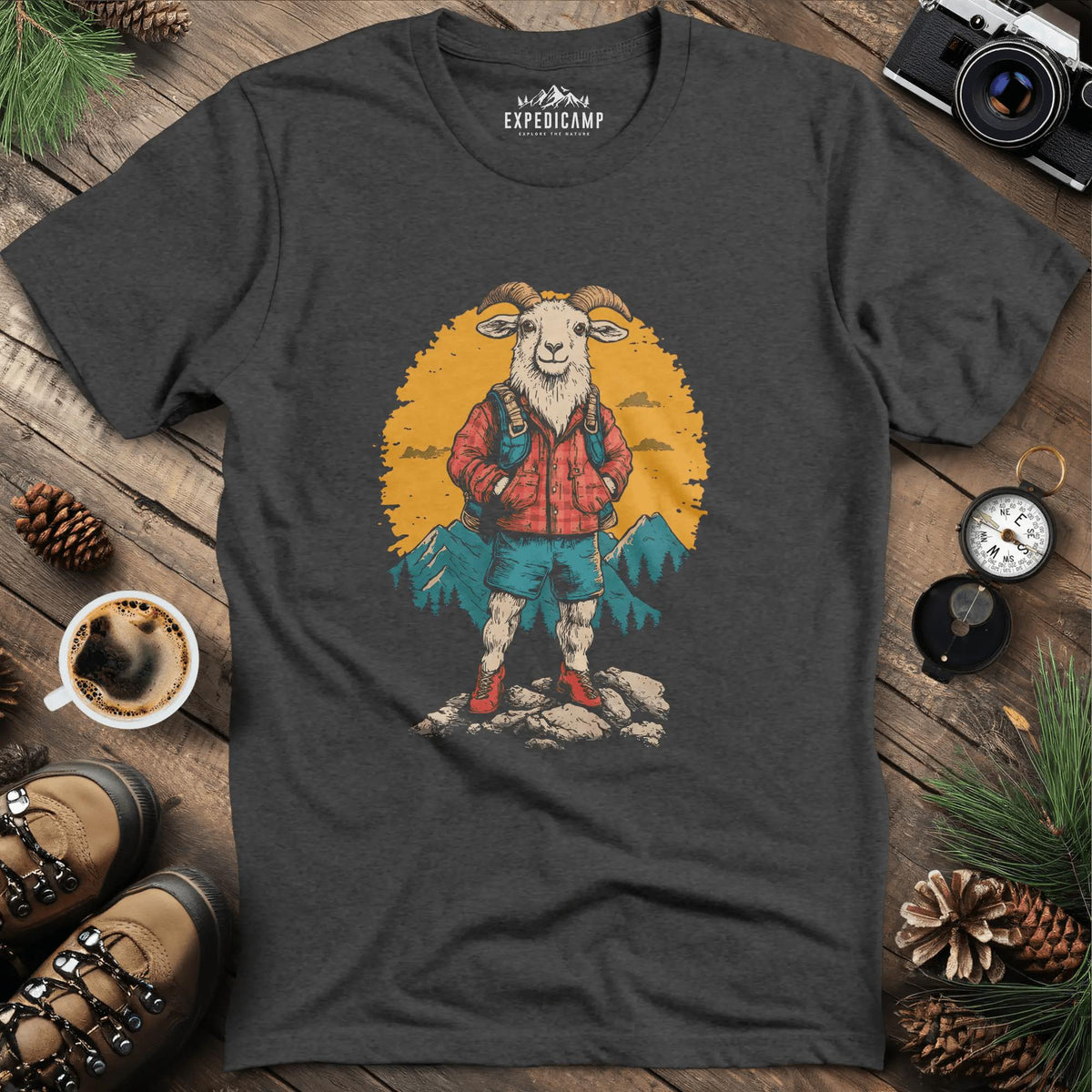 Mountain Goat T-Shirt – Outdoor Adventure Goat Design – Dark Heather – Outdoor apparel for travel, hiking, camping, and nature lovers – ExpediCamp