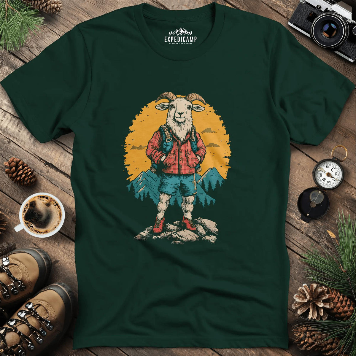 Mountain Goat T-Shirt – Outdoor Adventure Goat Design – Forest Green – Outdoor apparel for travel, hiking, camping, and nature lovers – ExpediCamp