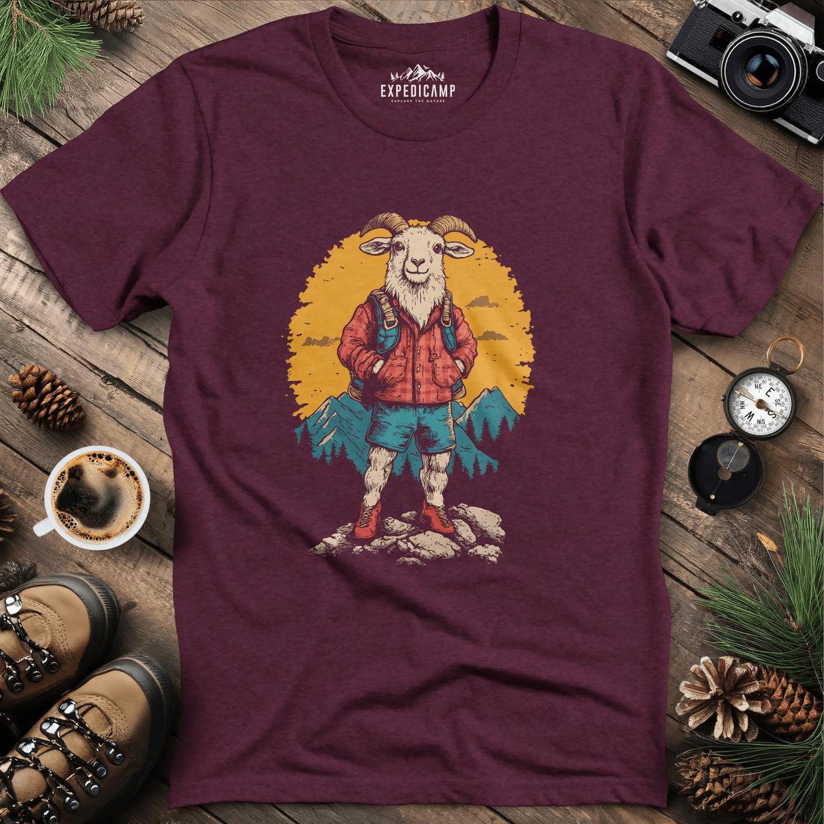 Mountain Goat T-Shirt – Outdoor Adventure Goat Design – Heather Maroon – Outdoor apparel for travel, hiking, camping, and nature lovers – ExpediCamp