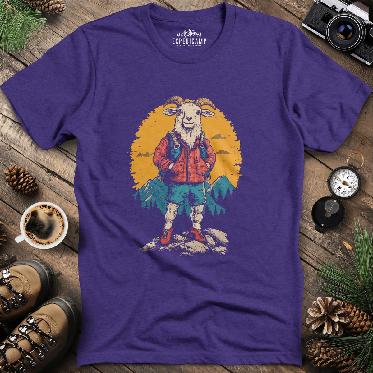 Mountain Goat T-Shirt – Outdoor Adventure Goat Design – Heather Purple – Outdoor apparel for travel, hiking, camping, and nature lovers – ExpediCamp