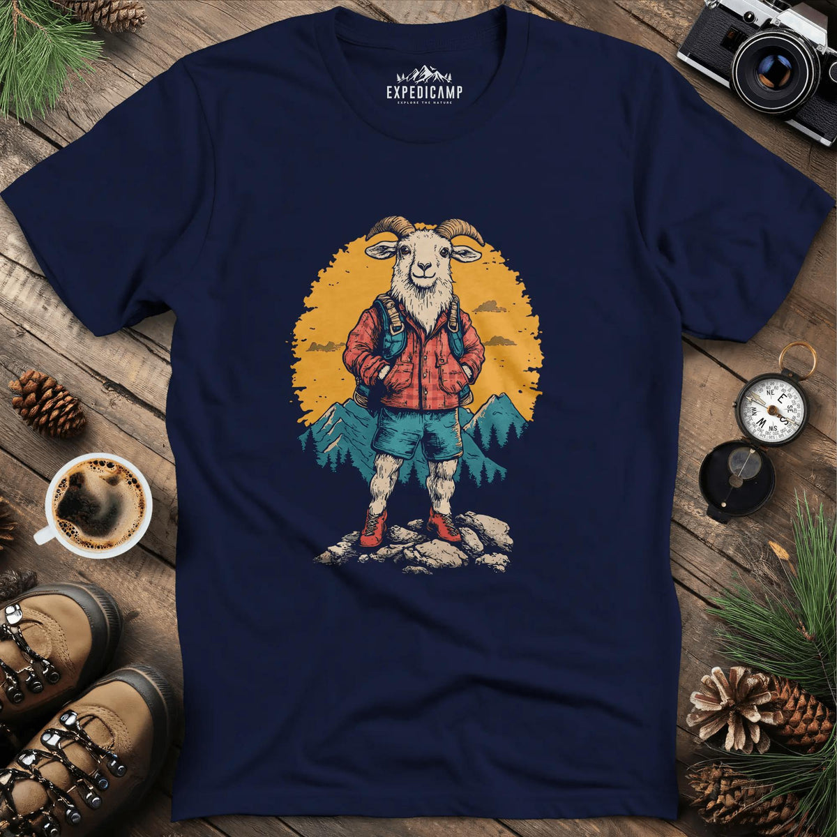 Mountain Goat T-Shirt – Outdoor Adventure Goat Design – Navy – Outdoor apparel for travel, hiking, camping, and nature lovers – ExpediCamp