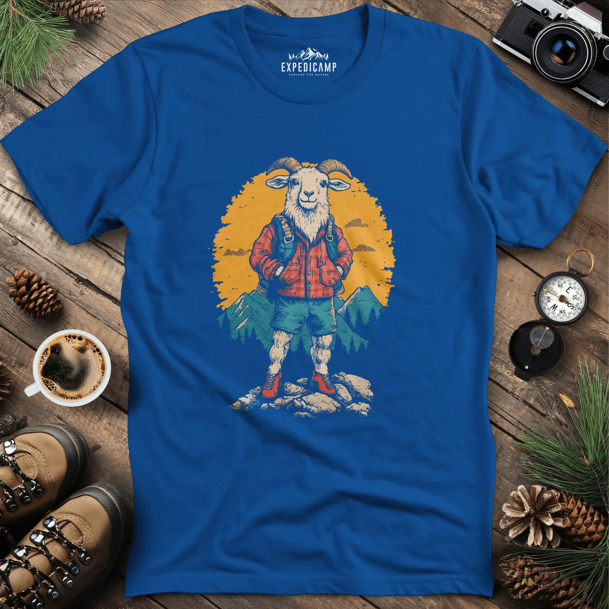 Mountain Goat T-Shirt – Outdoor Adventure Goat Design – Royal – Outdoor apparel for travel, hiking, camping, and nature lovers – ExpediCamp