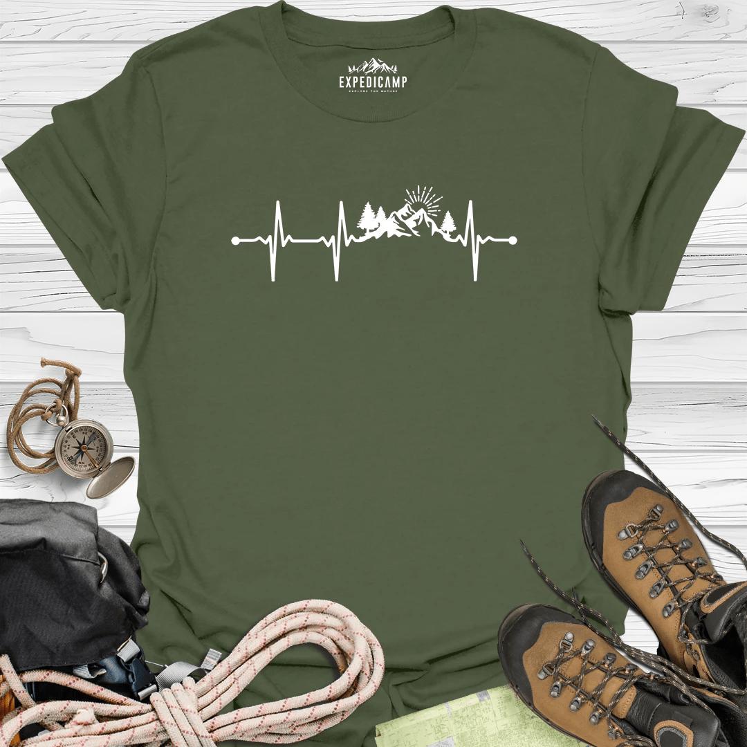 Mountain Heartbeat T-Shirt – Military Green – Outdoor apparel for travel, hiking, camping, and nature lovers – ExpediCamp