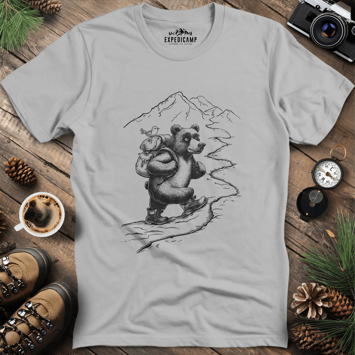 Mountain Hiking Bear Adventure T-Shirt – Ice Grey – Outdoor apparel for travel, hiking, camping, and nature lovers – ExpediCamp