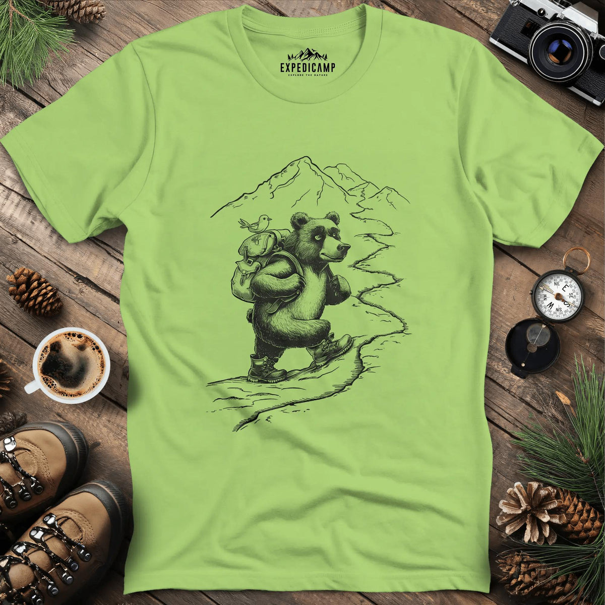 Mountain Hiking Bear Adventure T-Shirt – Kiwi – Outdoor apparel for travel, hiking, camping, and nature lovers – ExpediCamp