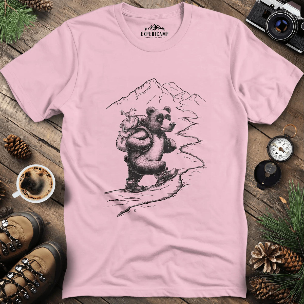 Mountain Hiking Bear Adventure T-Shirt – Light Pink – Outdoor apparel for travel, hiking, camping, and nature lovers – ExpediCamp