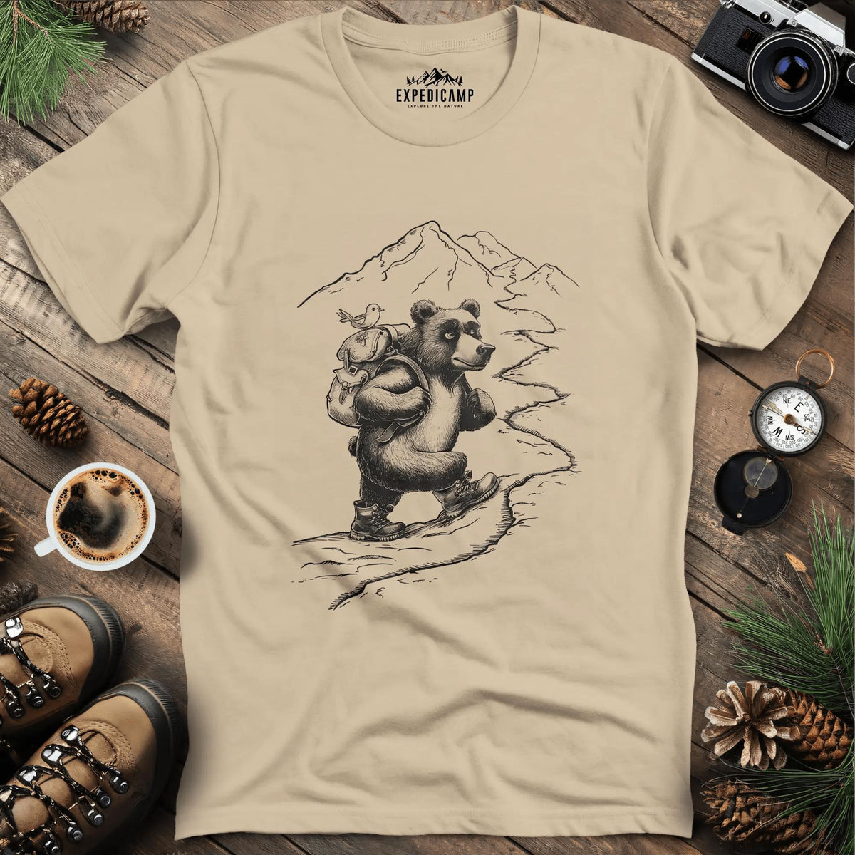 Mountain Hiking Bear Adventure T-Shirt – Sand – Outdoor apparel for travel, hiking, camping, and nature lovers – ExpediCamp