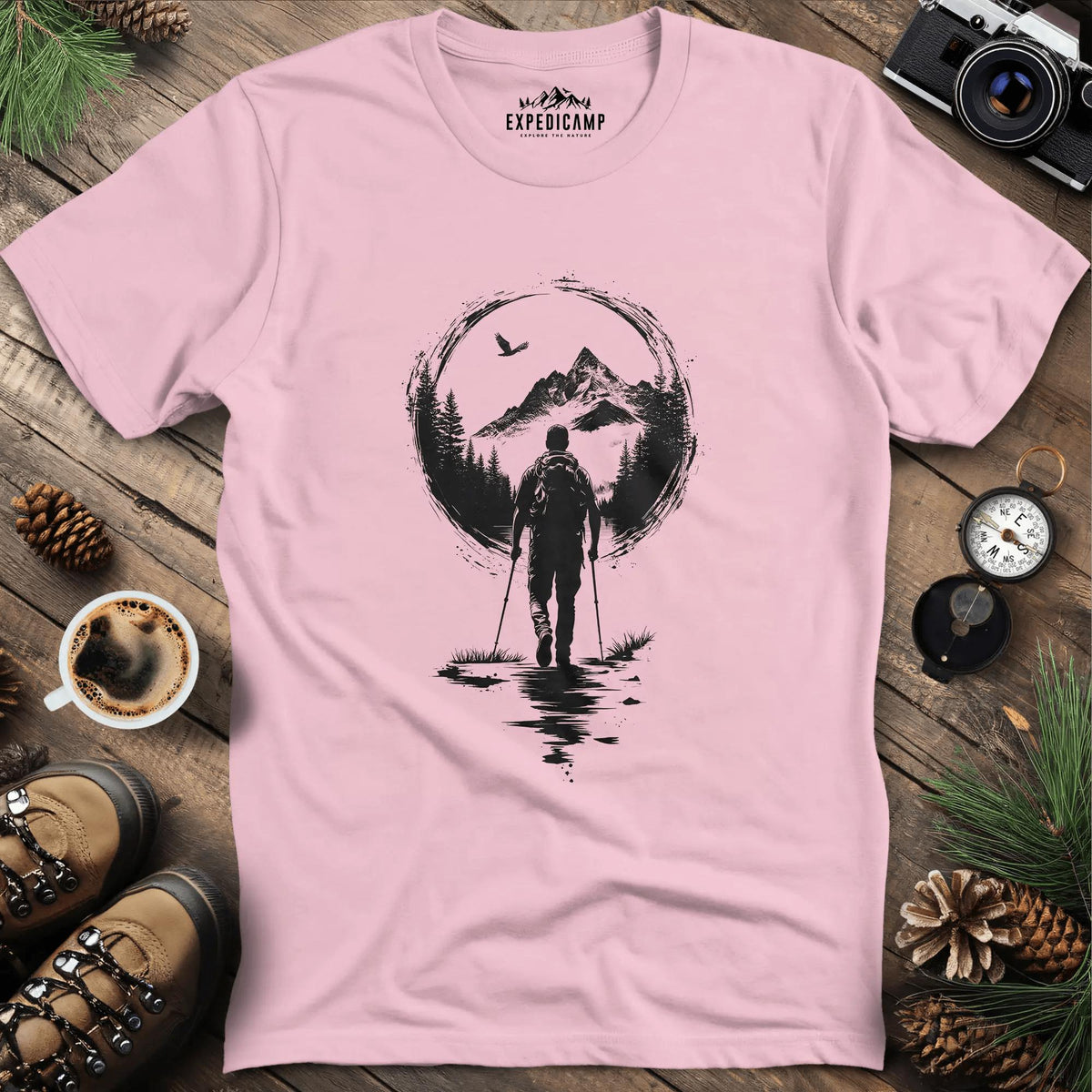 Mountain Moon Hiker T-Shirt – Light Pink – Outdoor apparel for travel, hiking, camping, and nature lovers – ExpediCamp