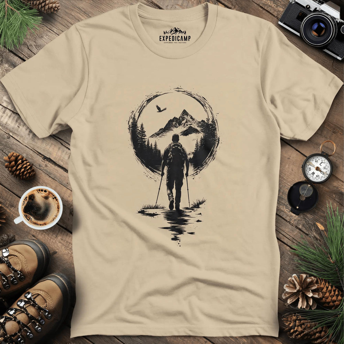 Mountain Moon Hiker T-Shirt – Sand – Outdoor apparel for travel, hiking, camping, and nature lovers – ExpediCamp