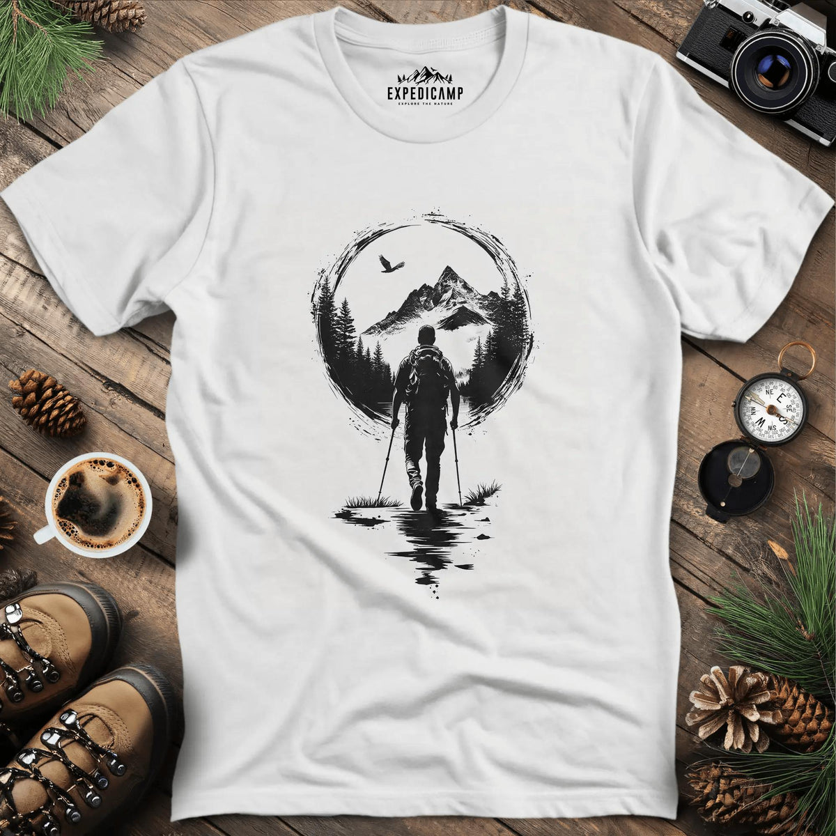 Mountain Moon Hiker T-Shirt – White – Outdoor apparel for travel, hiking, camping, and nature lovers – ExpediCamp