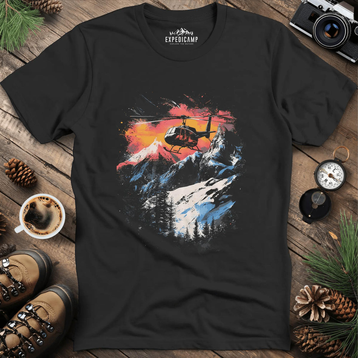 Mountain Rescue Helicopter Adventure T-Shirt – Black – Outdoor apparel for travel, hiking, camping, and nature lovers – ExpediCamp
