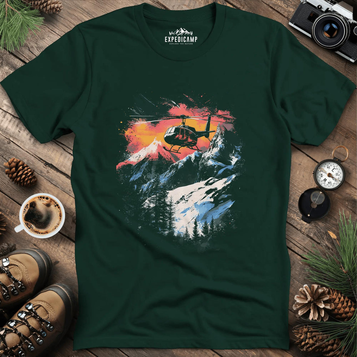 Mountain Rescue Helicopter Adventure T-Shirt – Forest Green – Outdoor apparel for travel, hiking, camping, and nature lovers – ExpediCamp