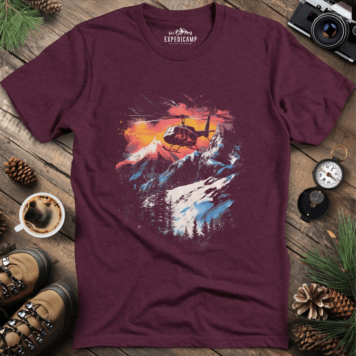 Mountain Rescue Helicopter Adventure T-Shirt – Heather Maroon – Outdoor apparel for travel, hiking, camping, and nature lovers – ExpediCamp