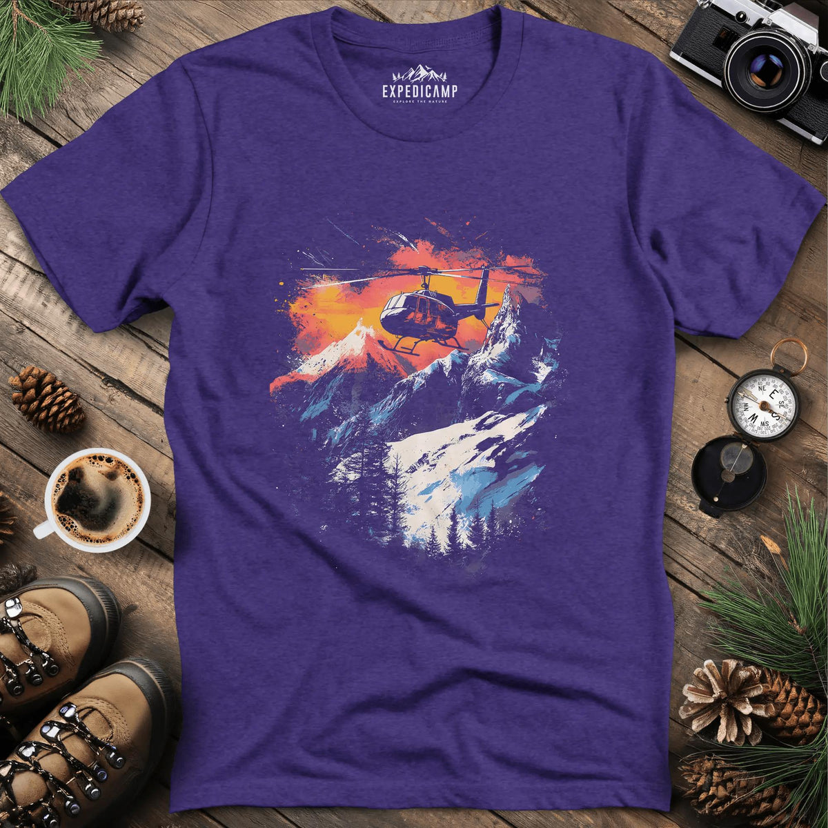 Mountain Rescue Helicopter Adventure T-Shirt – Heather Purple – Outdoor apparel for travel, hiking, camping, and nature lovers – ExpediCamp